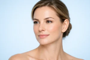A woman with smooth under-eye skin and a refreshed appearance posing against a calm pale-beige background.