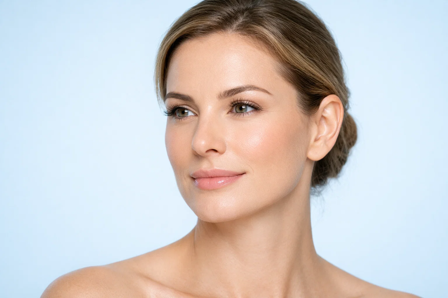 A woman with smooth under-eye skin and a refreshed appearance posing against a calm pale-beige background.