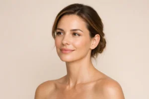 A peaceful woman with healthy skin posing against a pale beige background for a stretch mark removal guide.