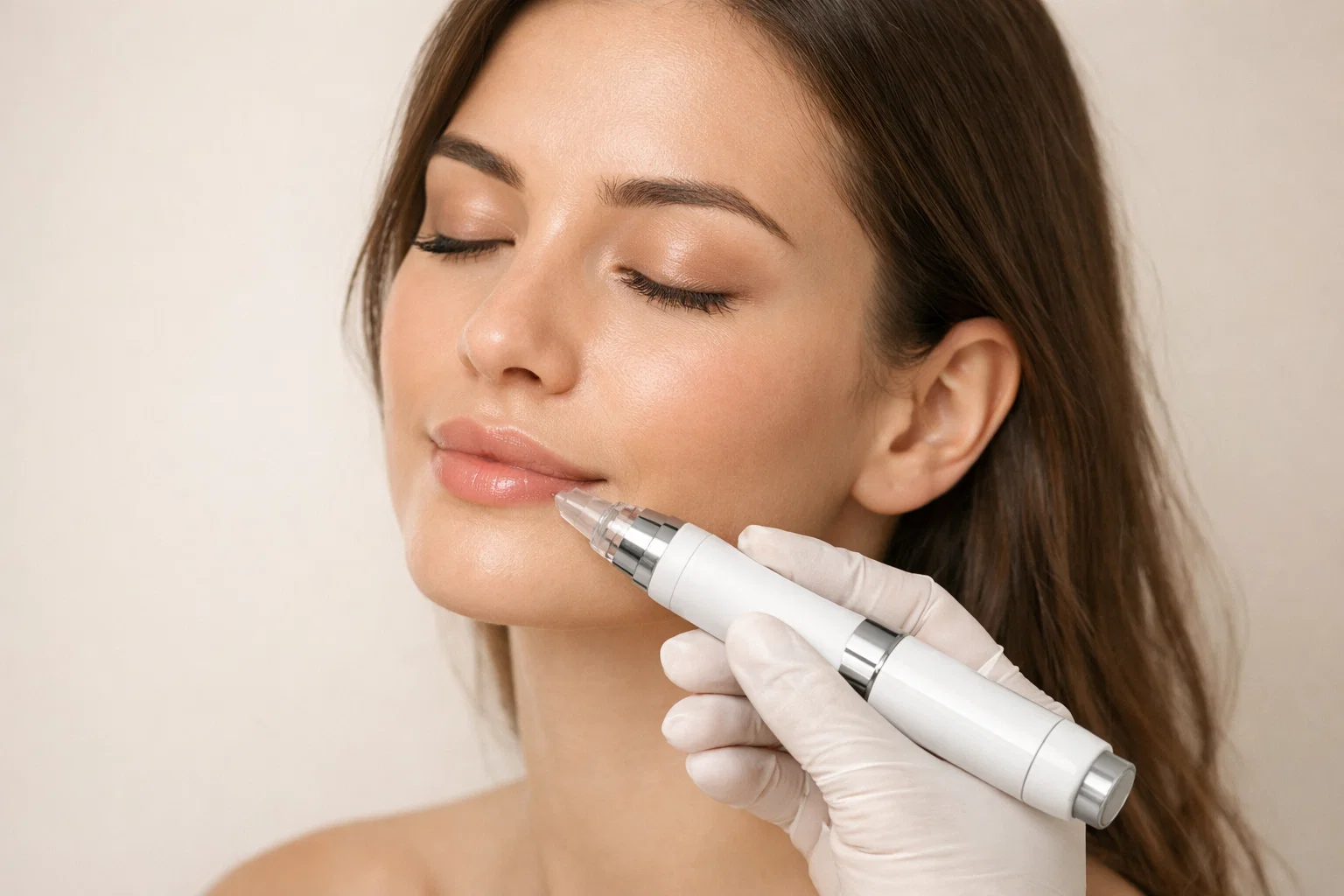 Woman receiving needle-free hyaluron pen lip treatment in London aesthetic clinic with relaxed expression