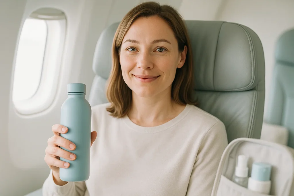 Woman sitting upright on a plane holding a water bottle