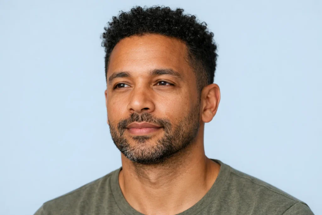 A relaxed man with a balanced profile posing against a solid light blue background.