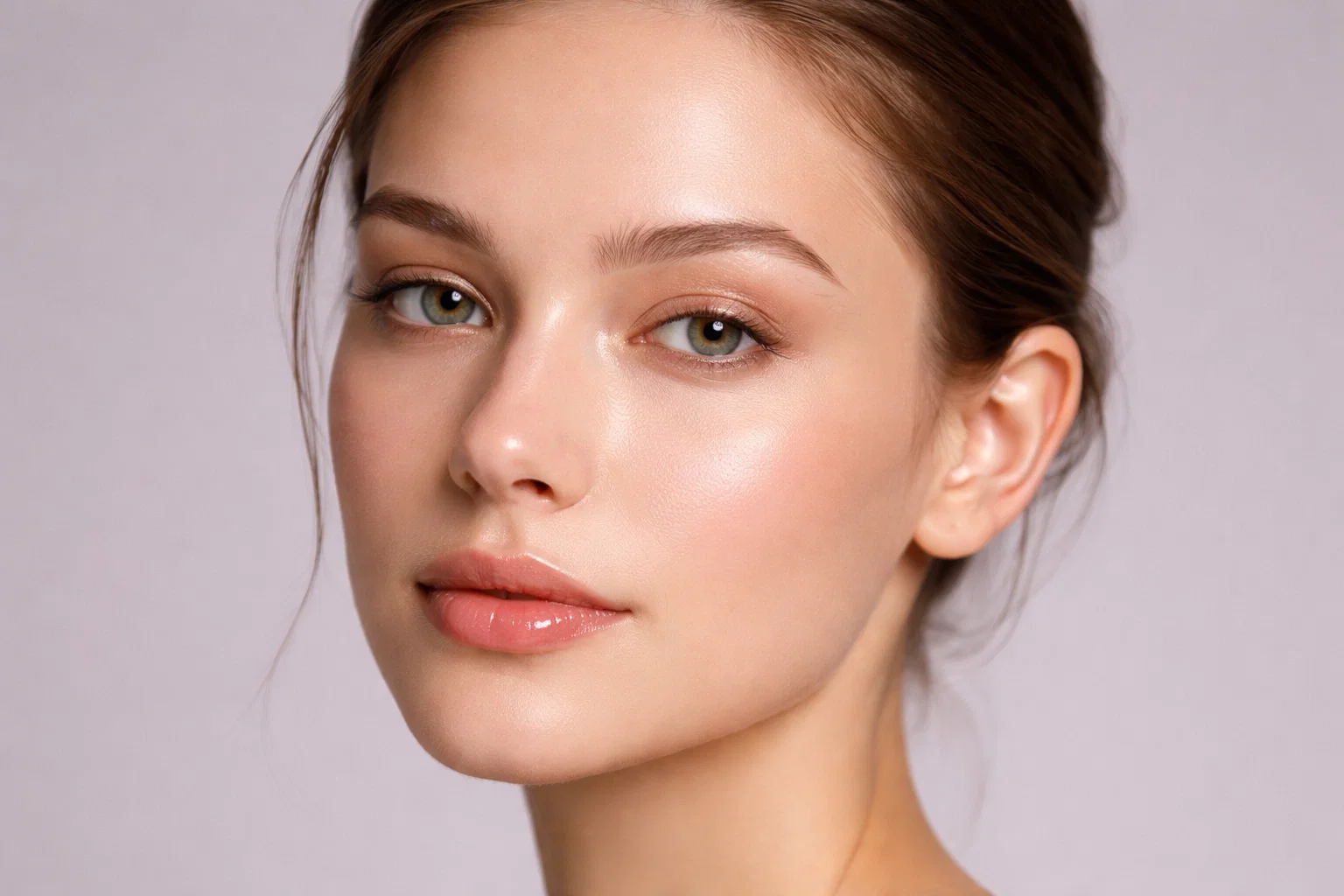 A close-up of a woman's clear skin on a muted grey background for correct fungal acne identification.