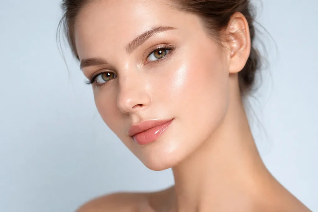 Close-up of a relaxed woman against a light blue background, focused on identifying skin texture and congestion.