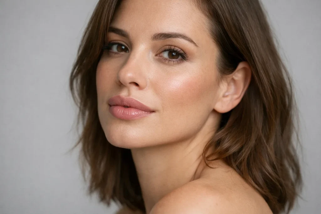 Woman considering lip filler volume options with naturally enhanced lips in aesthetic consultation setting