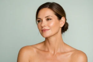 A peaceful woman with smooth skin posing against a pale sage green background, reflecting laser treatment results.