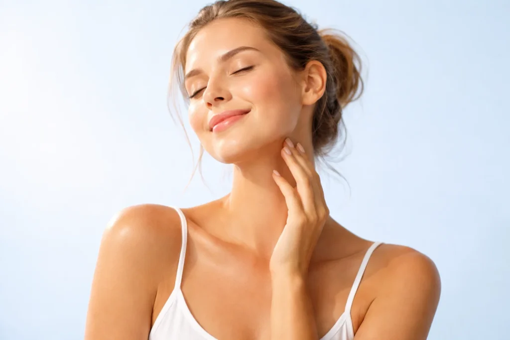 A healthy-looking woman representing a vital lifestyle against a tranquil light-blue background.