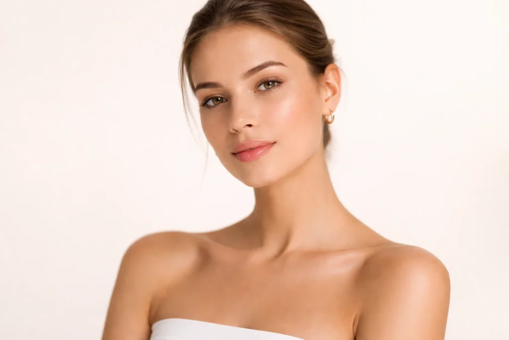 A serene woman with clear skin representing healthy lifestyle choices against a solid warm-white background.