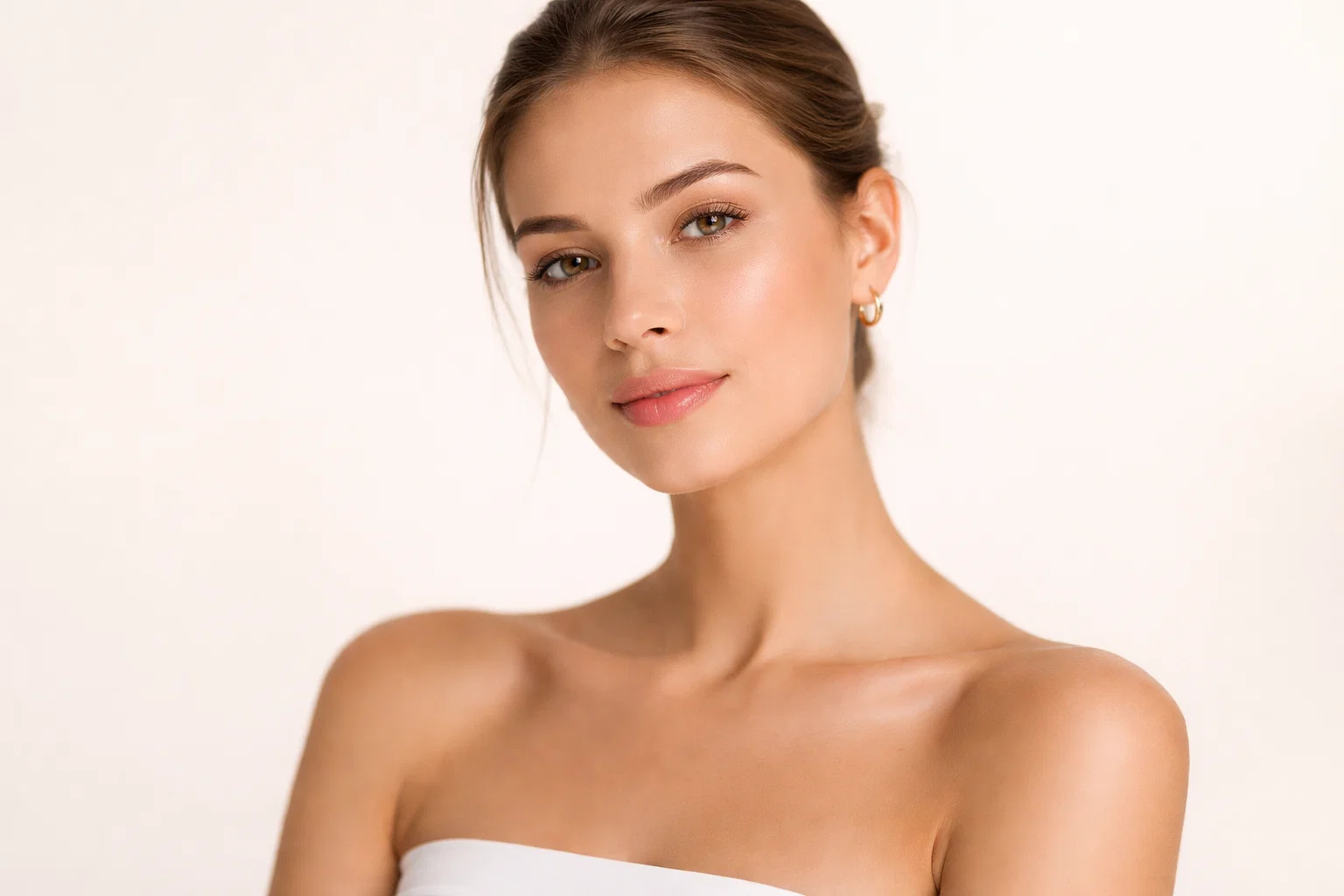 A serene woman with clear skin representing healthy lifestyle choices against a solid warm-white background.