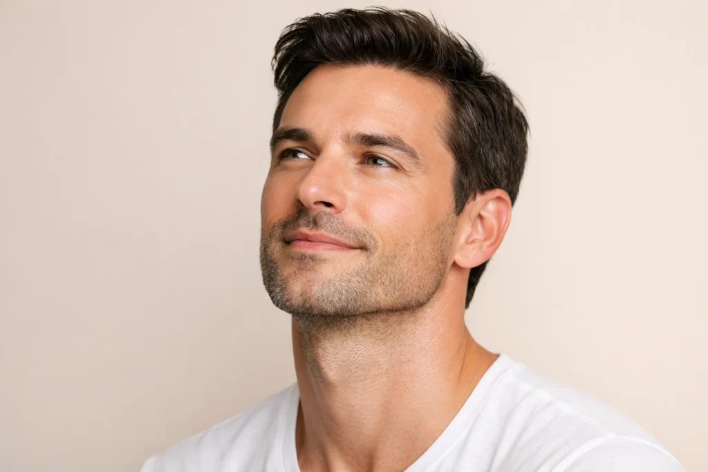 A man with a healthy and defined facial profile against a pale beige background.