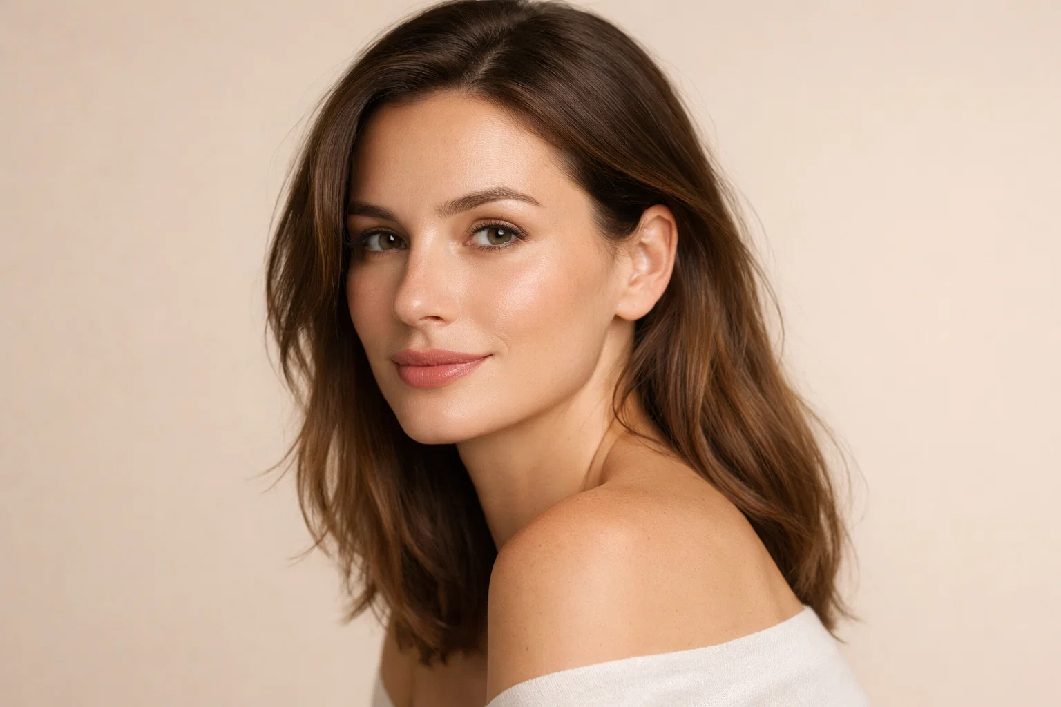 A peaceful woman with natural lip volume looking at the camera against a soft pale beige background.