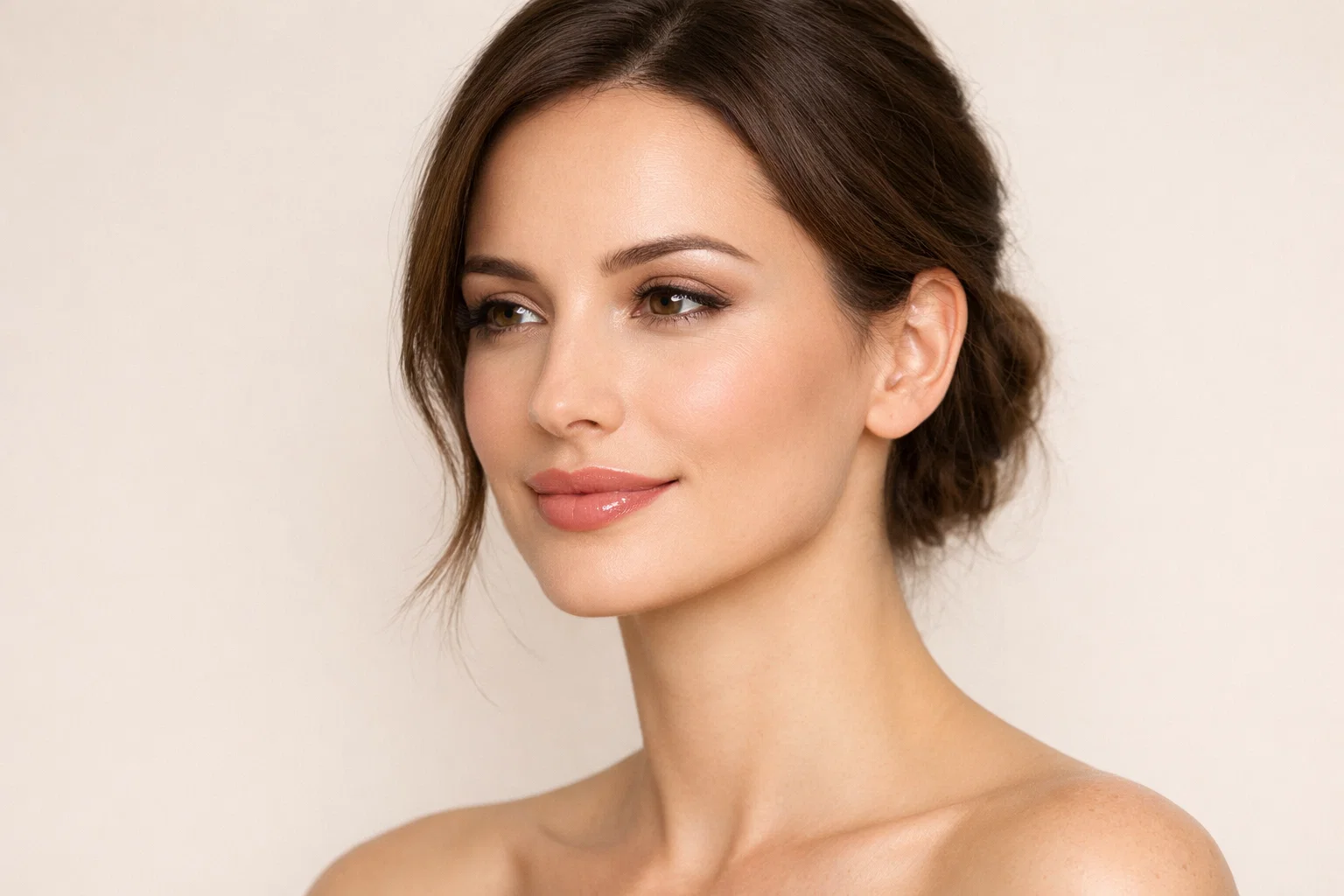 Professional photographic portrait of a woman with a subtle lip flip enhancement on a calm beige background.