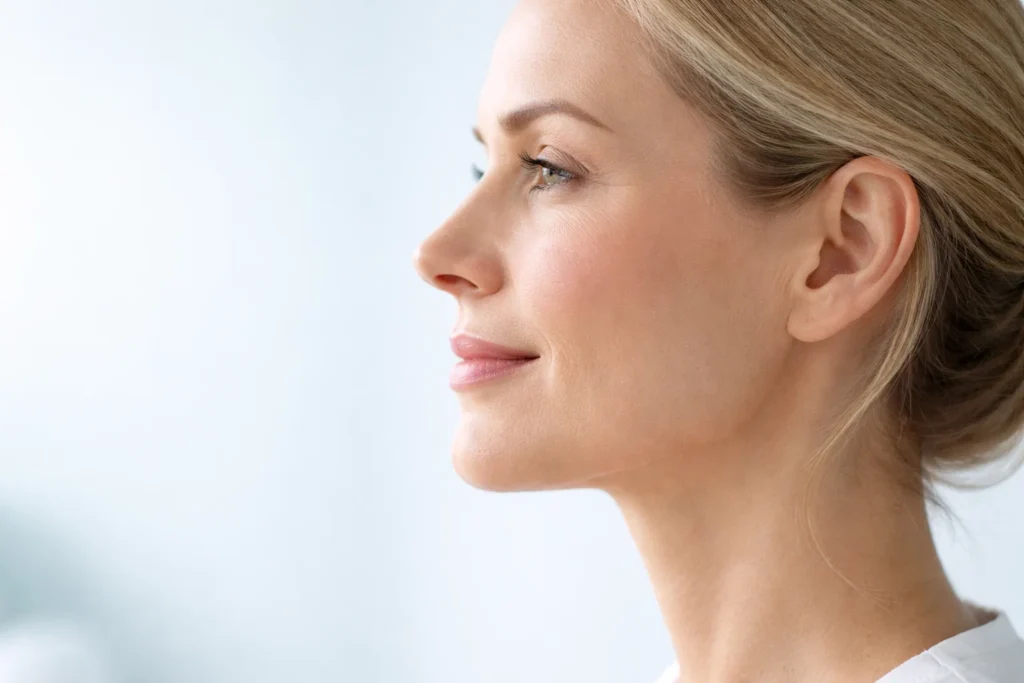 Side profile of a woman showing natural lip flip results over time against a calm pale blue background.