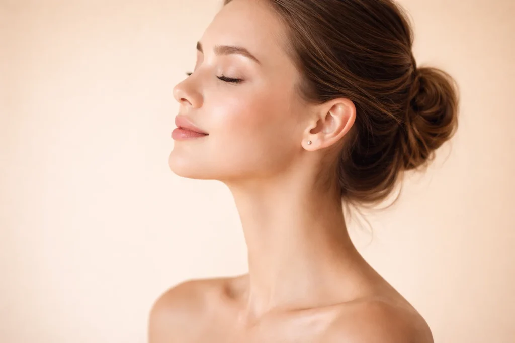 A woman with smooth skin in profile against a warm beige background, illustrating long-term treatment results.