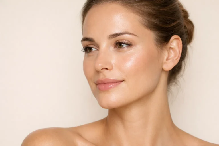 Professional photographic portrait of a woman with rejuvenated under-eye skin on a soft beige background.