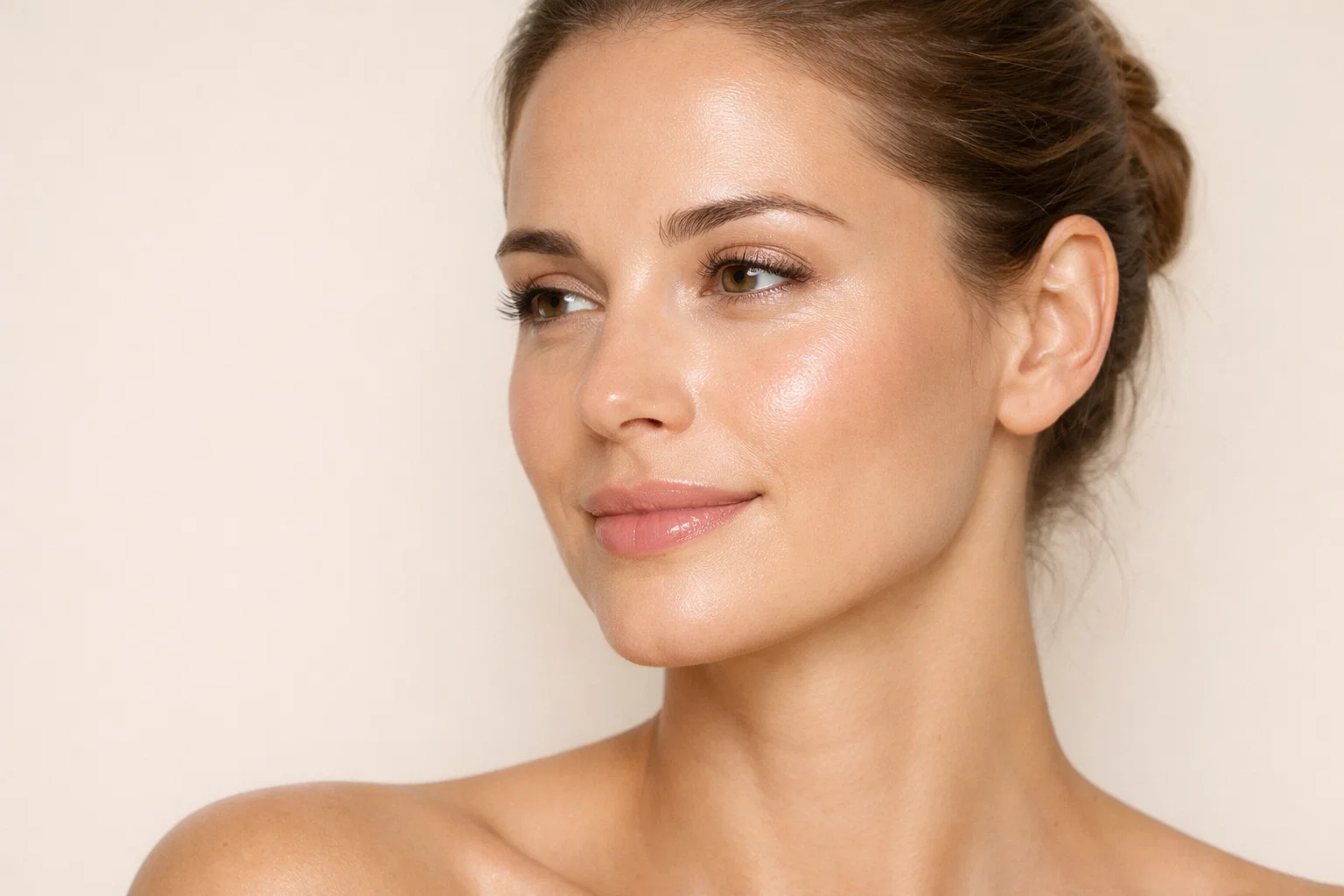 Professional photographic portrait of a woman with rejuvenated under-eye skin on a soft beige background.