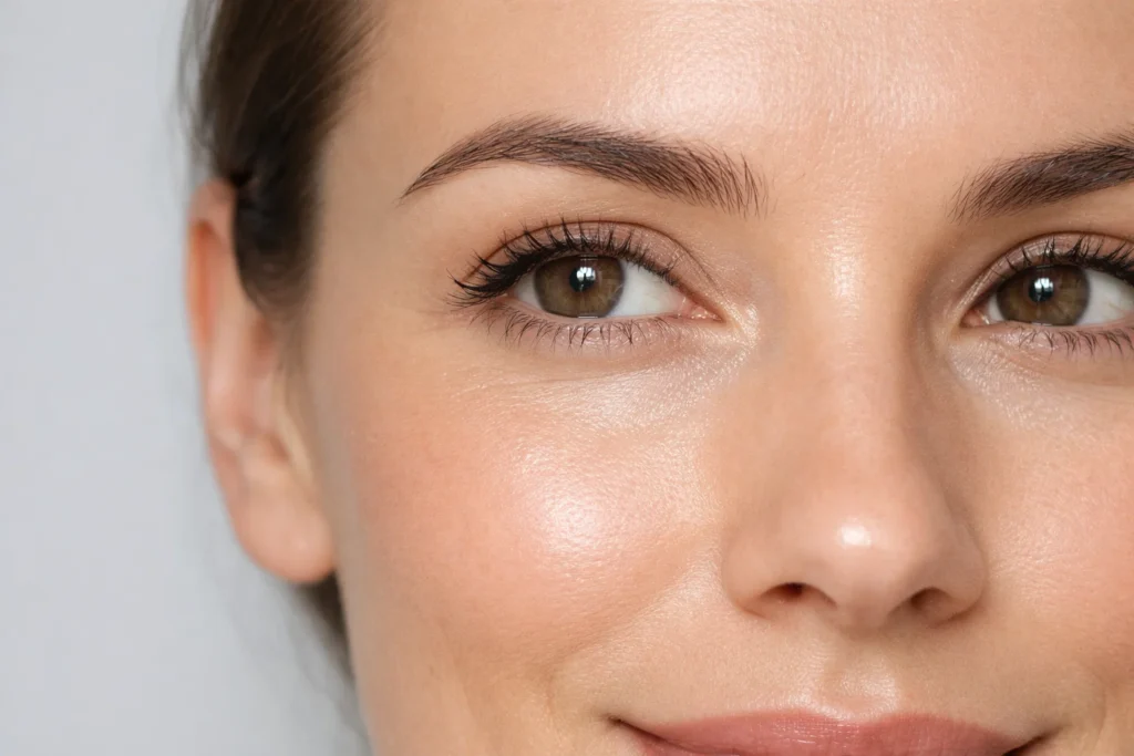 Close-up of refreshed and bright under-eye skin after Lumi Eyes treatment on a pale grey background.