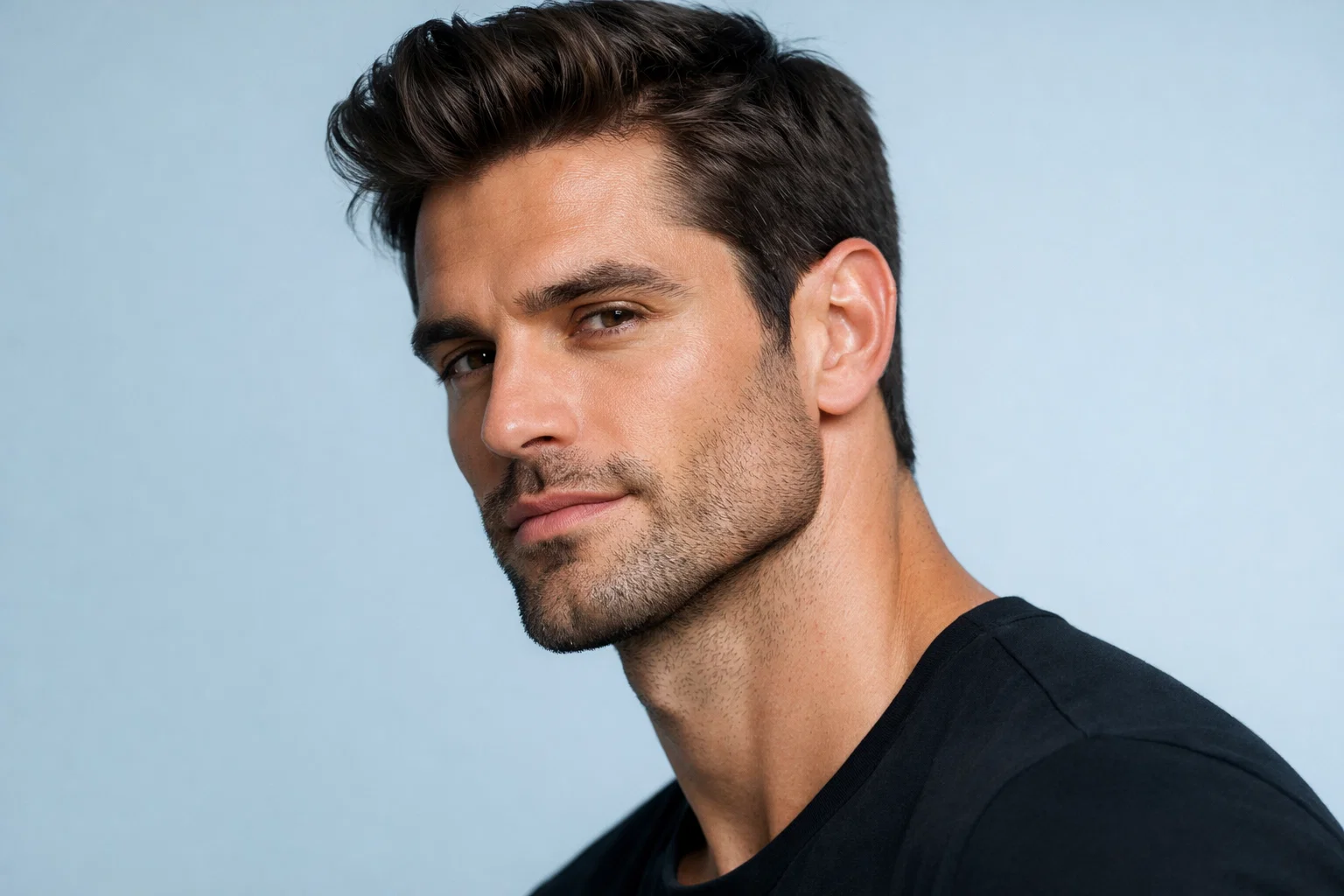 A realistic portrait of a man with a sharp jawline against a soft beige background.