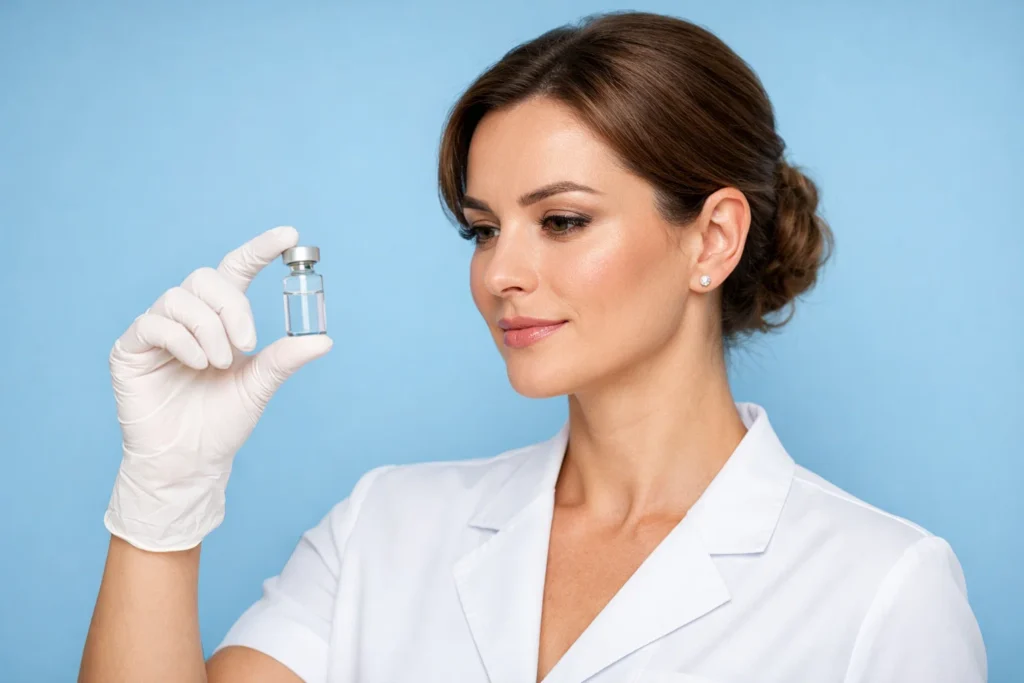 A professional practitioner in a clinical setting against a soft blue background, representing medical sweat treatments.