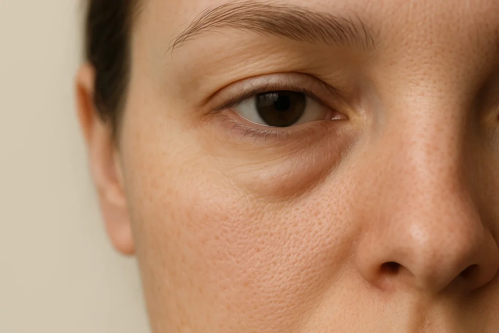 Close-up of lower eyelid with subtle puffiness in soft clinic lighting.