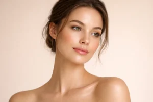 A serene woman with glowing skin on a pale-beige background, reflecting results of Moxi and BBL treatments.