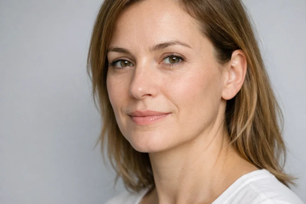 A woman's face at an angle against a soft grey background, showing subtle nasolabial folds.