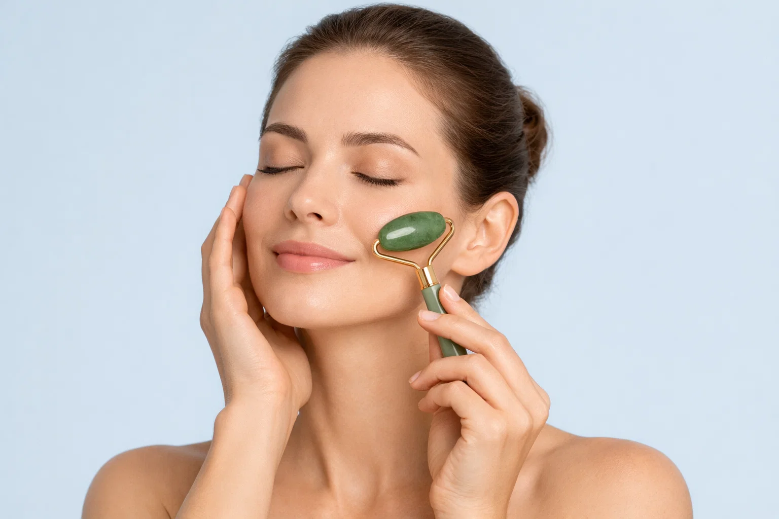 A woman using a jade roller for a facial massage with a relaxed expression on a pale blue background.