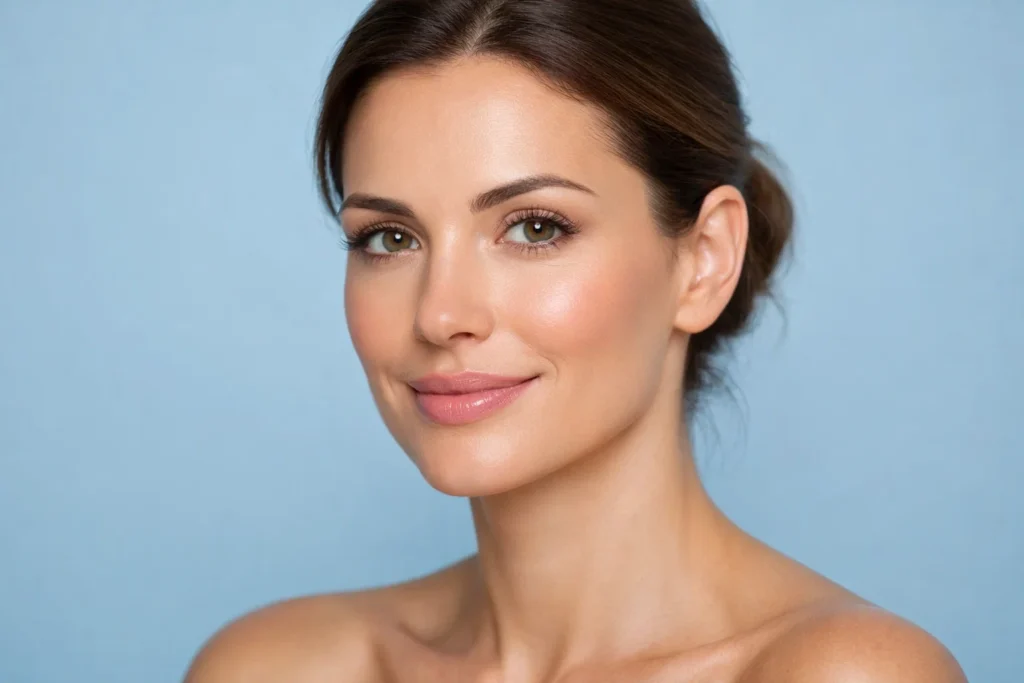 A woman with refreshed skin around her eyes posing serenely against a solid light-blue background.