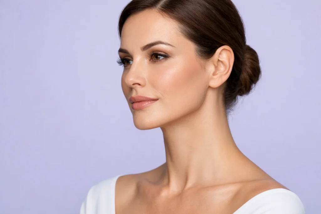 Portrait focusing on a woman's defined jawline and refined neck against a pale lavender background.