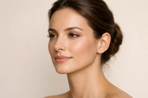 A serene woman with a refined nasal profile on a pale beige background, showcasing facial harmony and balance.