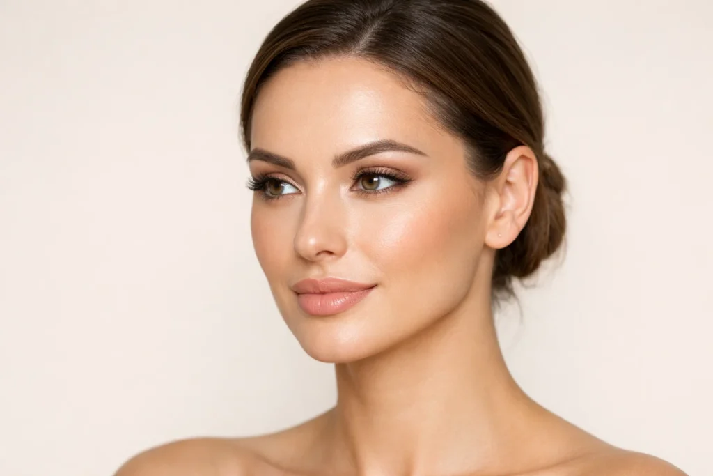A professional portrait showing smooth and contoured under-eye results on a neutral pale-beige background.