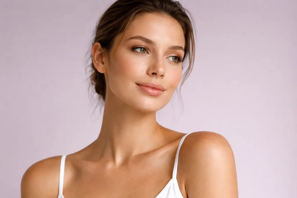Healthy woman with rested eyes standing against a muted lavender background.