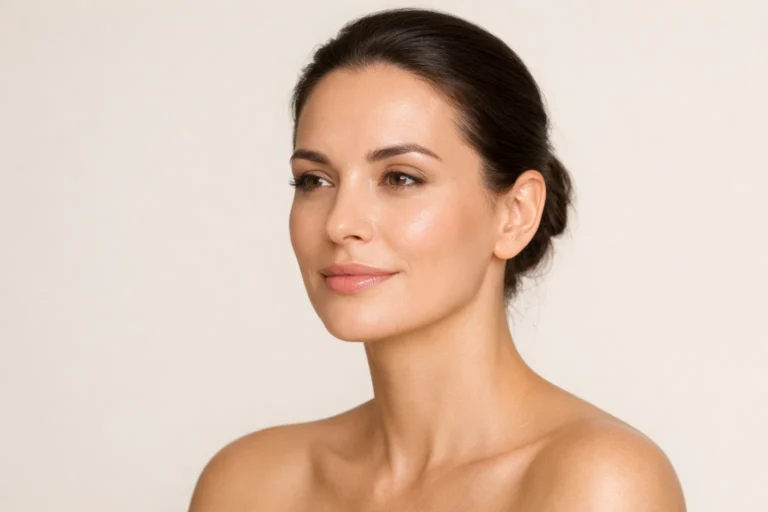 A serene woman with clear radiant skin posing against a pale beige background for a pigmentation removal guide.