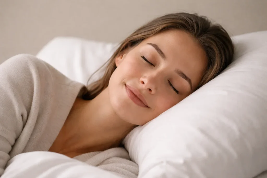 A relaxed woman resting during recovery on a solid warm grey background.