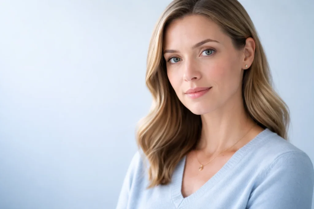 A woman with a calm and informed expression looking at the camera against a light blue background.