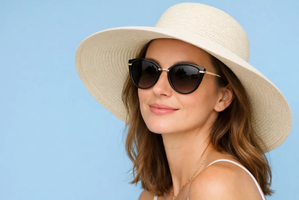 A woman wearing sunglasses and a hat for UV protection against a light blue background.