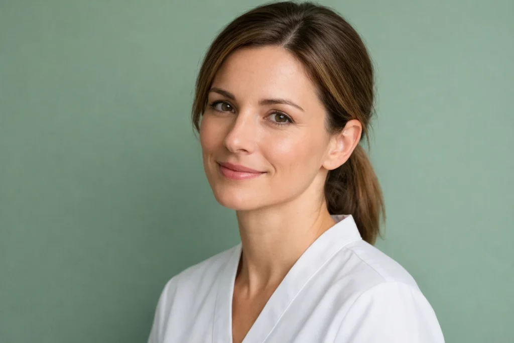 Trustworthy model in a clinical yet approachable style against a sage green background.