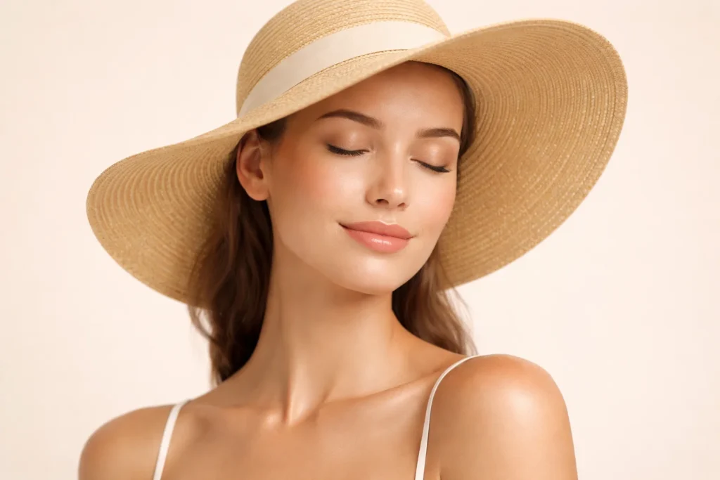 A woman wearing a sun hat for skin protection against a soft pale-beige background.