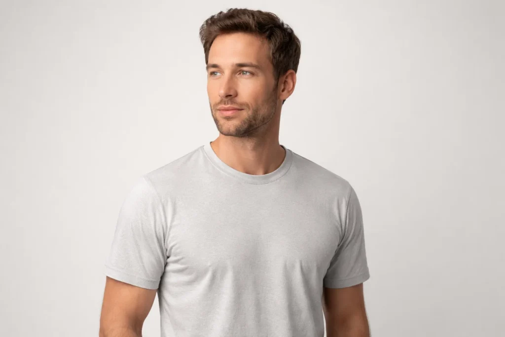 A man wearing a breathable gray shirt standing against a light gray background with a calm and relaxed expression.