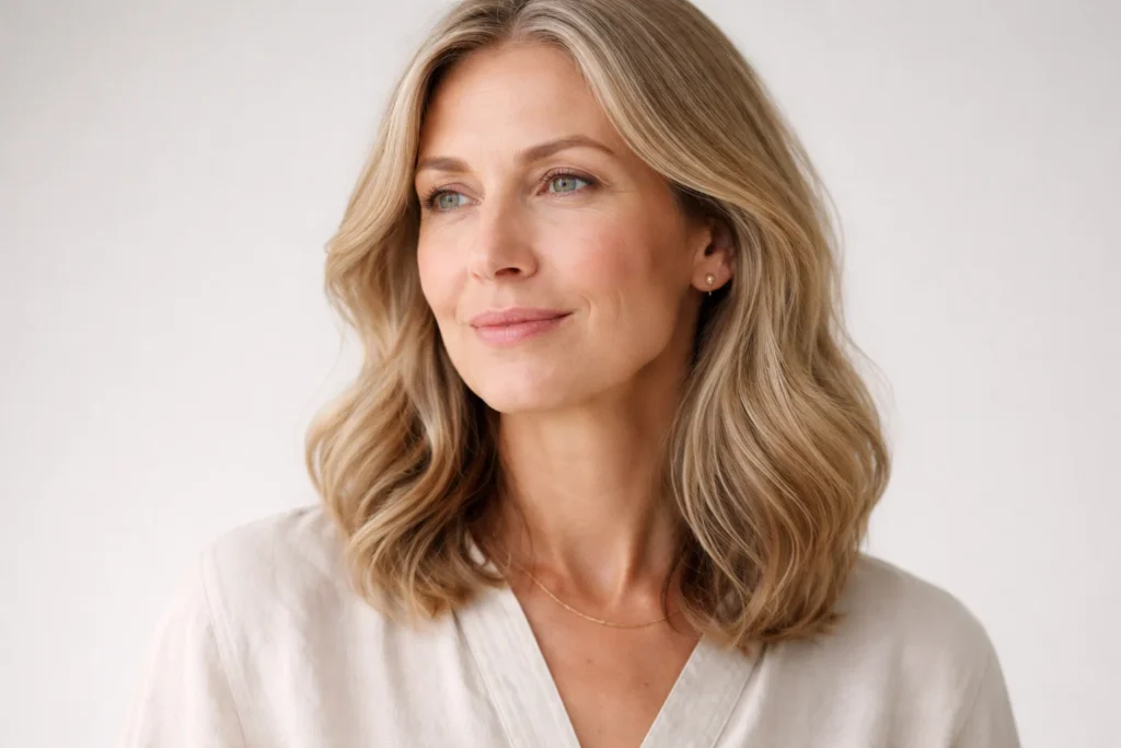 Middle-aged woman with a relaxed gaze against a light grey background in a professional studio portrait.