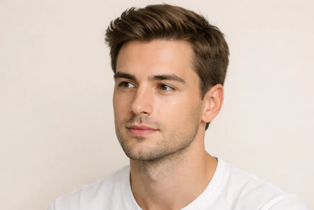 A man looking thoughtfully away against a pale beige background, representing the study of skin inflammation causes.