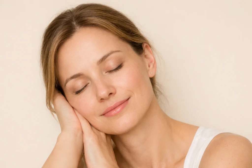 Serene woman showing the orbital eye area against a pale beige background.