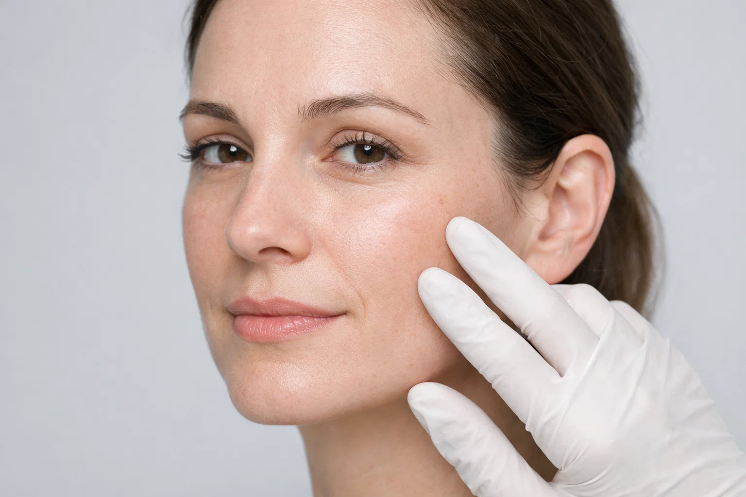 A close-up side profile of a woman with natural skin texture against a solid soft grey background.