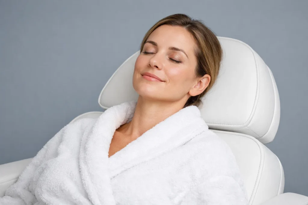 Woman relaxing during a professional eye treatment session in a clean clinic setting with a grey background.