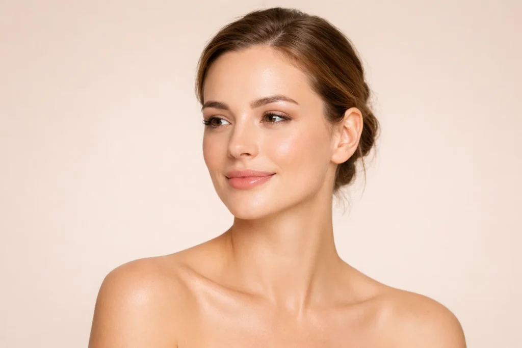 Professional portrait of a woman with healthy skin in an aesthetic clinic style on a soft beige background.