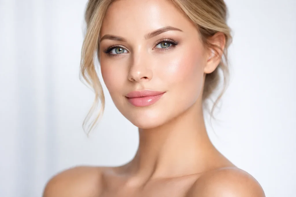 A woman with smooth, refreshed skin after professional treatment on a cool white-grey background.
