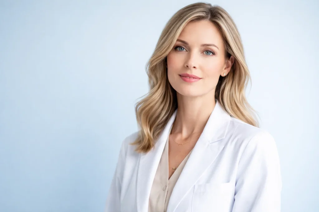 A trustworthy woman in a professional setting against a soft powder-blue background for expert advice.