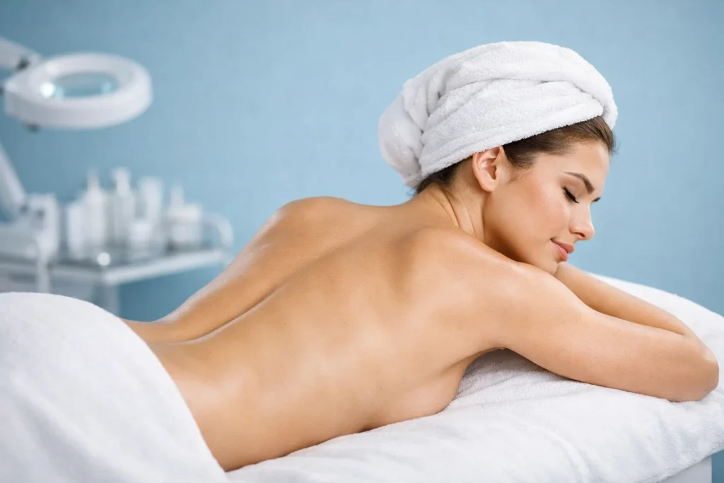 A professional dermatology setting showing a clear back against a muted blue background.