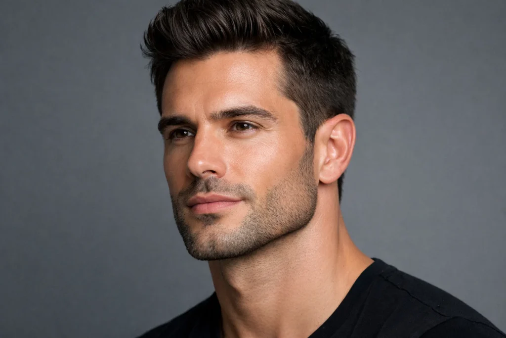 A man with a professionally sculpted jawline and chin against a muted grey background.