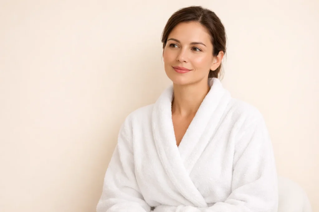 A woman in a white robe looking tranquil against a pale-beige background in a professional setting.
